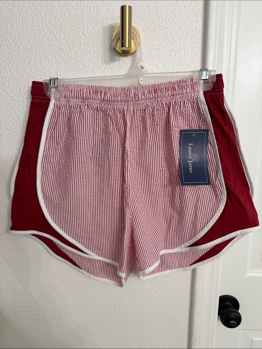 Lauren James Red and White Seersucker Athletic Shorts - Size Medium